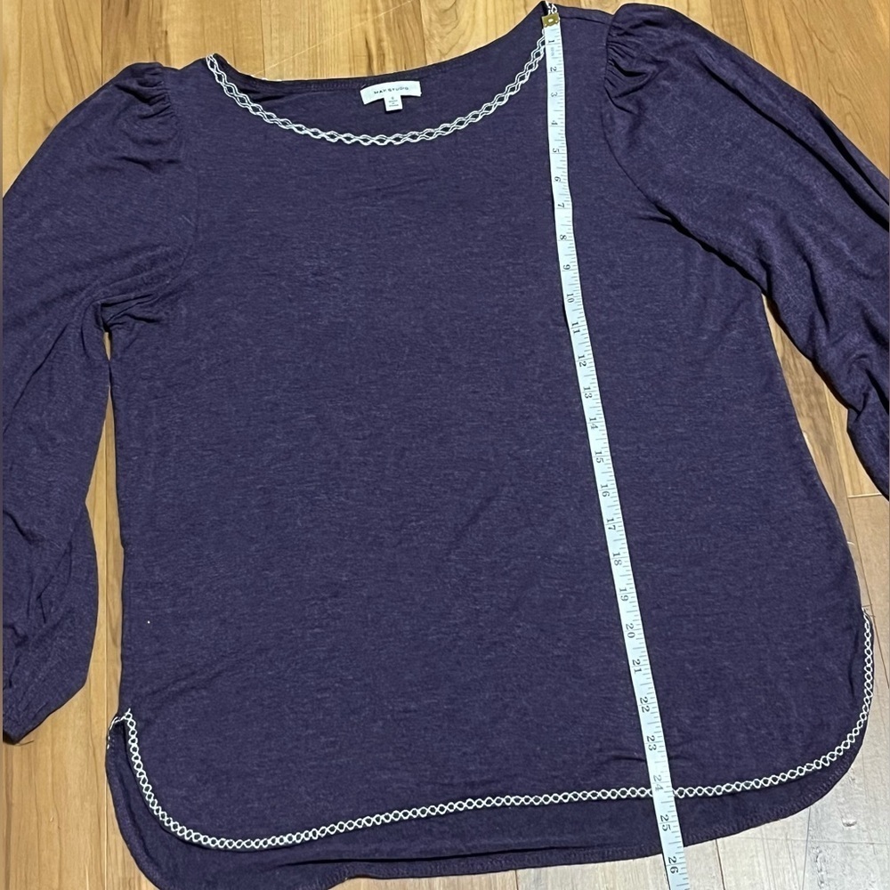 Max Studio Purple Knit Top | Puff Sleeves | Contrast Trim | Size S - Picture 10 of 10